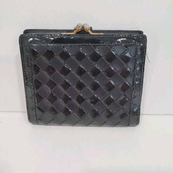 Bally Vintage Leather Wallet Black Logo Bifold Medium Compact Kisslock Woven - Picture 2 of 12